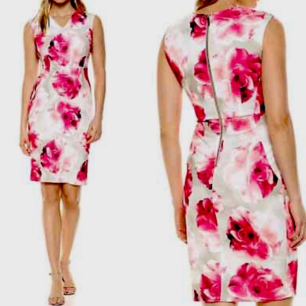 Calvin Klein | Women’s White/Red/Green Floral Back Zip Sleeveless V-neck Dress 4